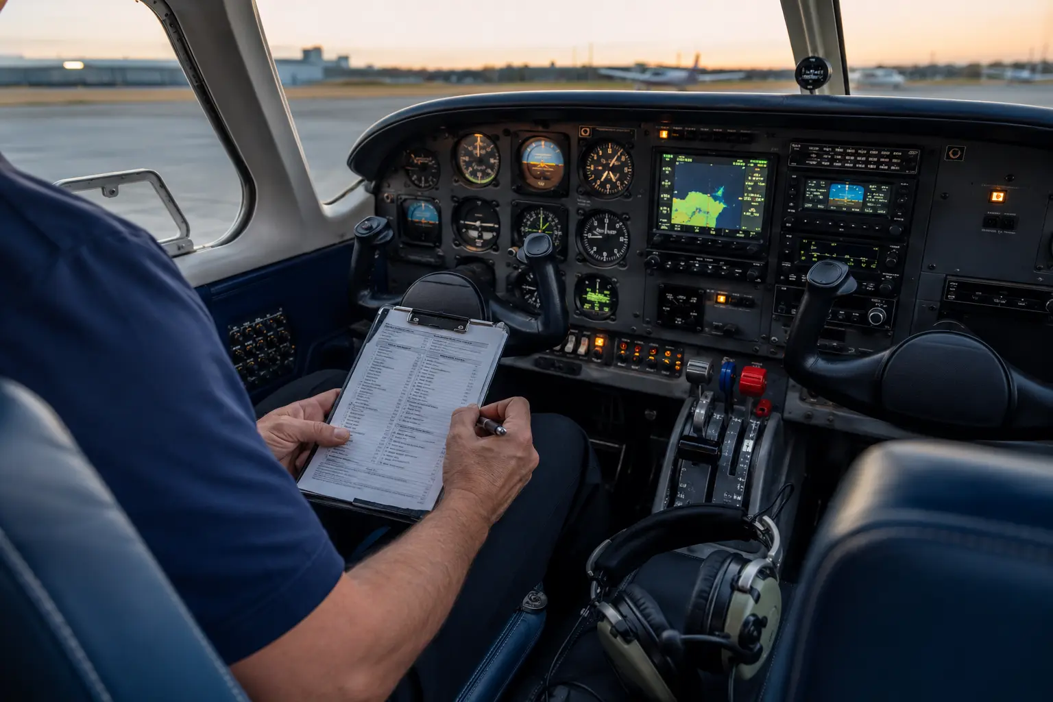Aviation professional reviewing a checklist in a general aviation cockpit