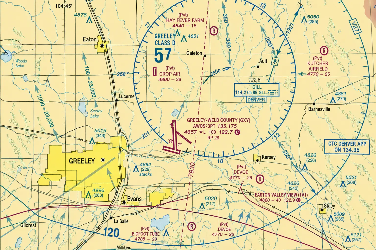 Decorative Northern Colorado aviation sectional chart showing Volplane's service airports